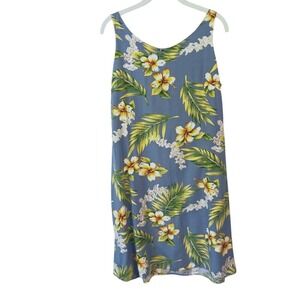 Vintage‎ Two Palms Tuberose Blue Hawaiian Floral Sleeveless Shift Dress SizeL